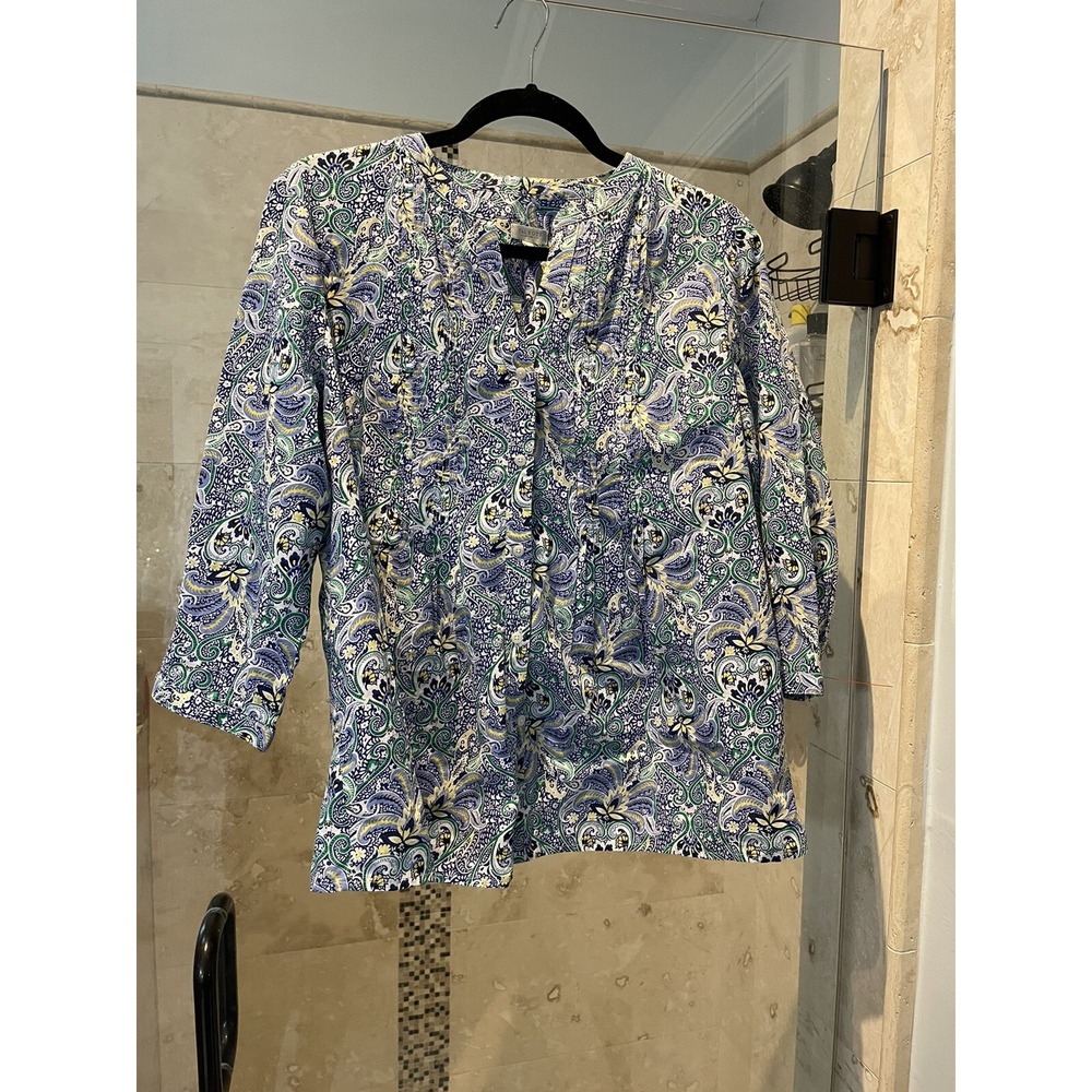 Talbots Petites Blue Green Paisley Bird Print Cotton Blouse LP Jan22